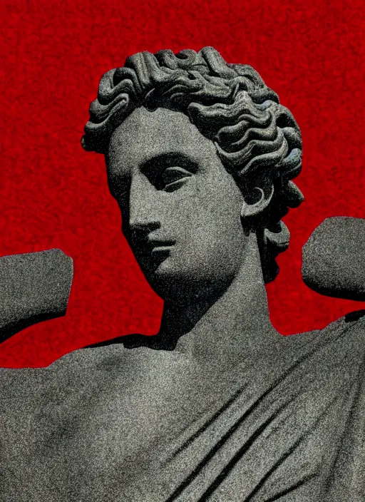 Prompt: black background, grey greco roman statue, thin red lines, gritty, dark, thin lines, vaporwave