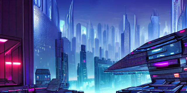 Image similar to blockchain in the middle of a futuristic cyberpunk dubai city, in the art style of dan mumford and marc simonetti, atmospheric lighting, intricate, volumetric lighting, beautiful, sharp focus, ultra detailed