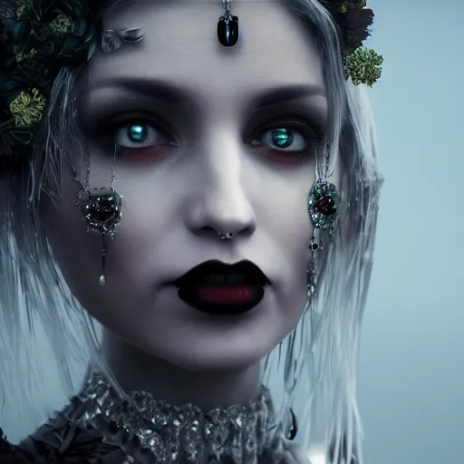 Image similar to A portrait of a Gothic goddess of floral jewels in an empty land, dark and mysterious, lively atmospheric, cinematic, 8k, 4k, ultra detail, ultra-realistic, rendered by Artstation