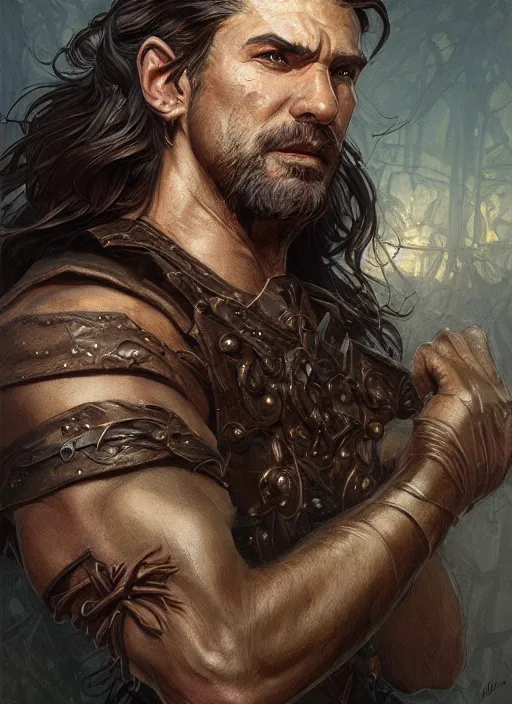 Image similar to portrait of a ruggedly handsome cleric, soft hair, muscular, half body, leather, hairy, d & d, fantasy, intricate, elegant, highly detailed, digital painting, artstation, concept art, smooth, sharp focus, illustration, art by artgerm and greg rutkowski and alphonse mucha