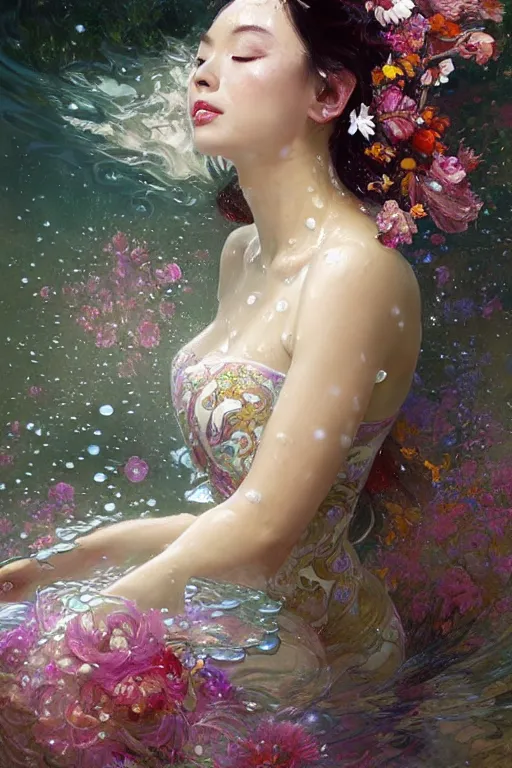 Image similar to portrait of a beautiful woman wearing a cheongsam dress, holding a bouquet of flowing flowers, drenched body, wet dripping hair, emerging from the water, fantasy, regal, fractal crystal, fractal gems, by stanley artgerm lau, greg rutkowski, thomas kindkade, alphonse mucha, loish, norman rockwell
