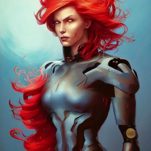 Prompt: portrait x-men Jean Grey as a cyborg with flowing beautiful red hair, art by pete mohrbacher and seb mckinnon and beksinski and josan gonzales, digital art, highly detailed, intricate, sci-fi, sharp focus, Trending on Artstation HQ, deviantart, unreal engine 5, 4K UHD image