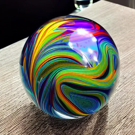 Prompt: A glass sphere 🔮 half-filled with swirling 🌀 multicolored 🌈 liquid 💦
