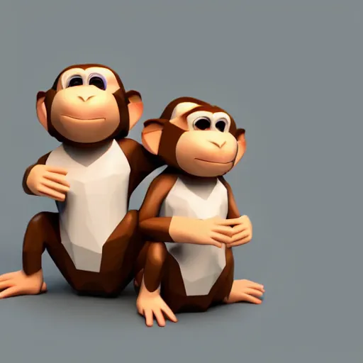 Image similar to isometric 3 d render of a three headed monkey, white background, ambient occlusion, cute, low poly