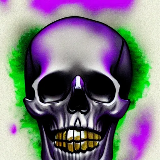 Prompt: a skull with glowing purple eyes smoking a purple cigar, digital art, realistic, vivid