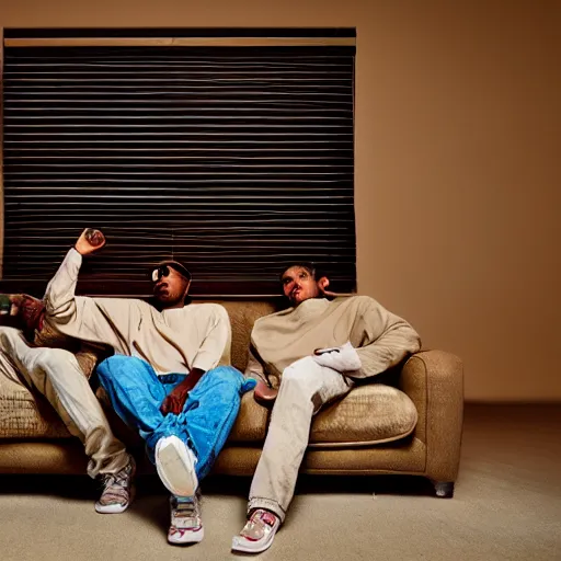 Image similar to gang members chilling around dirty couch in a beige room thick atmospheric dust god tays shines through the blinds jonathan zawada style photography