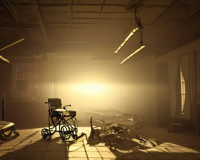 Prompt: artstation scifi scene of a bouquet of light on a business card, in an old ward, one ceiling fan, wheelchair, crutches, beds, dust, paneled walls, unreal engine 5, hyper realism, realistic shading, cinematic composition, blender render, octane render, hdr, detailed textures, photorealistic, wide shot
