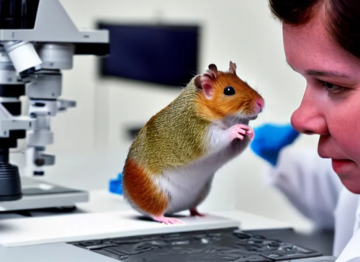 Image similar to film still of a hamster working in a research lab using a tiny microscope, 8 k