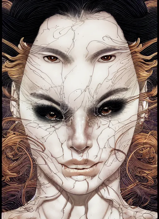 Image similar to portrait of an intense woman with a crooked nose, symmetrical, glamour, by yoichi hatakenaka, masamune shirow, josan gonzales and dan mumford, ayami kojima, takato yamamoto, barclay shaw, karol bak, yukito kishiro