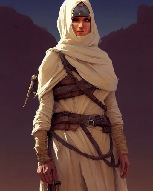 Image similar to female desert stalker, middle ages, lonely rider, covered head, full body | | realistic shaded, fine details, realistic shaded lighting poster by greg rutkowski, diego gisbert llorens, magali villeneuve, artgerm, jeremy lipkin and rob rey