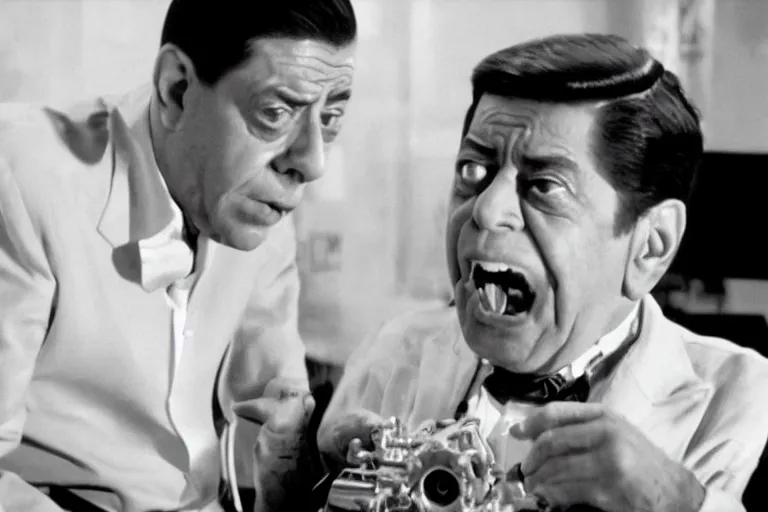 Prompt: a cinematic portrait of jerry lewis fusing with a mechanical monstrosity, hyperdetailed, fritz lang and shinya tsukamoto, 8 k, hd, high resolution, 8 5 mm, f / 1. 8