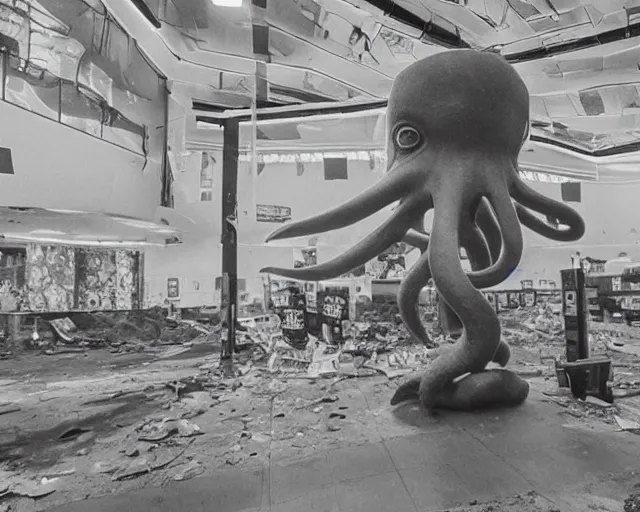 Image similar to camera footage of a extremely aggressive Giant mutated Octopus with glowing white eyes, Human Features, Teeth, in an abandoned shopping mall, Psychic Mind flayer, Terrifying, Silhouette :7 , high exposure, dark, monochrome, camera, grainy, CCTV, security camera footage, timestamp, zoomed in, Feral, fish-eye lens, Fast, Radiation Mutated, Nightmare Fuel, Wolf, Evil, Bite, Motion Blur, horrifying, lunging at camera :4 bloody dead body, blood on floors, windows and walls :5