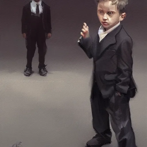 Prompt: oil painting of a man in a suit indifferent to an orphan boy who asks, by greg rutkowski, artstation