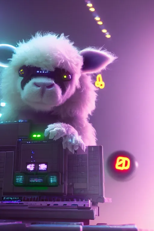 Image similar to high quality 3 d render very cute neuromancer fluffy! cyborg cow playing! keyboard!!, highly detailed, unreal engine cinematic smooth, in the style of blade runner & detective pikachu, hannah yata charlie immer, moody light, low angle, uhd 8 k, sharp focus