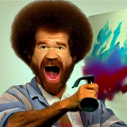 Image similar to bob ross screaming spray paint out of mouth