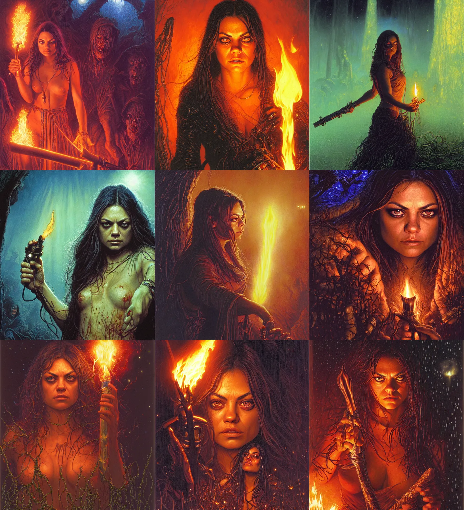 Prompt: priestess mila kunis action close - up portrait as zombies storm in, fog, fireflies, torch light, donato giancola, tim hildebrandt, wayne barlow, bruce pennington, larry elmore