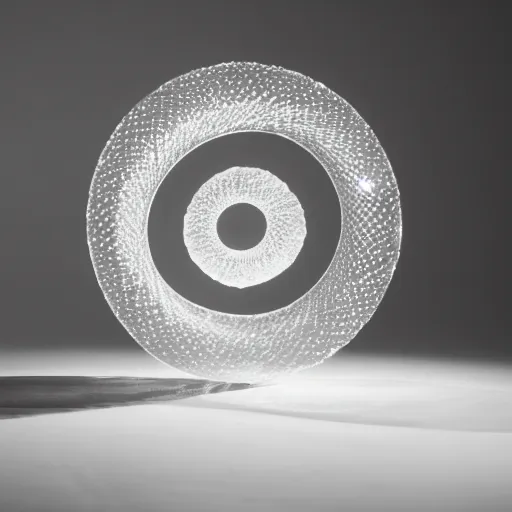 Prompt: a sculpture of three concentric rings made of clear crystal casting caustics on a white table morning light