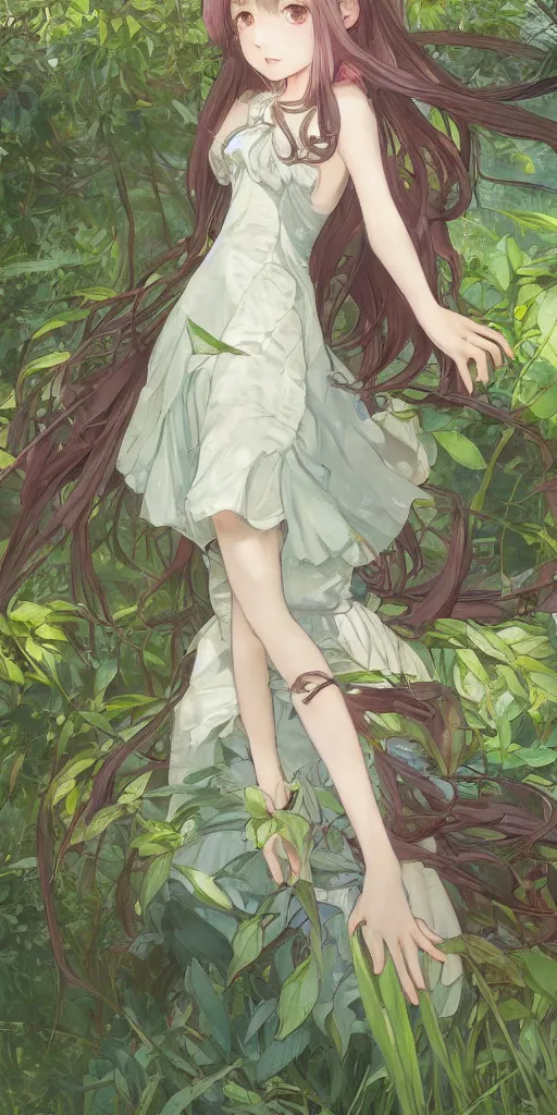 Image similar to a digital art of a loli with long hair in a dress in the privet garden at after noon, green and warm theme, by krenz cushart and mucha and akihito yoshida and greg rutkowski and makoto shinkai, low angle, long shot, back lighting, detailed eyes, 4 k resolution, trending on art station