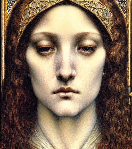 Image similar to detailed realistic beautiful young medieval queen face portrait by jean delville, gustave dore and marco mazzoni, art nouveau, symbolist, visionary, gothic, pre - raphaelite. horizontal symmetry