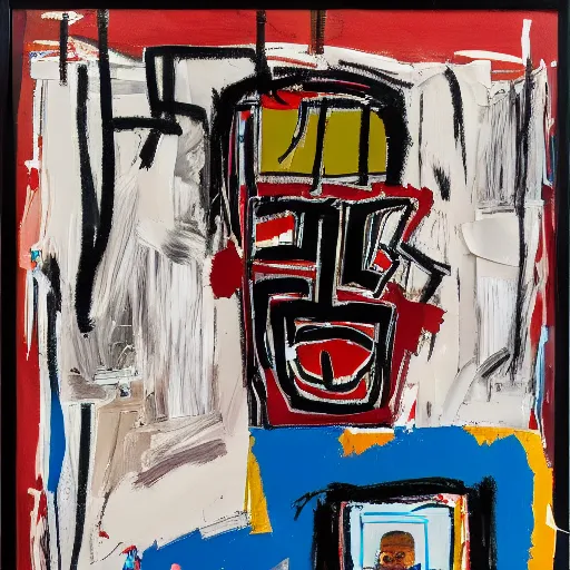Prompt: Early afternoon in the studio. Sunlight is pouring through the window lighting the face of a sleepy man holding a red cup of coffee. Detailed and intricate brush strokes, oil paint and spray paint, markers, paper collage, crayon transfer on canvas. Painting by Basquiat, 1954