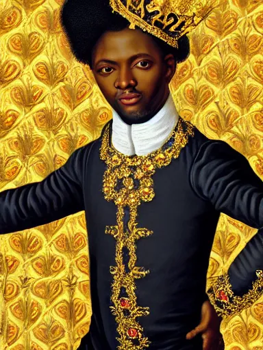 Image similar to rococo painting of a black prince wearing a golden crown with pastel flowers, symmetrical, realistic, 8 k, digital painting, art by kehinde wiley, artem demura