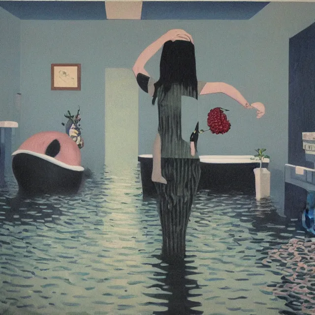 Image similar to tall female emo artist in her flooded bathroom, pigs, water gushing from ceiling, painting of flood waters inside an artist's bathroom, a river flooding indoors, pomegranates, pigs, ikebana, zen, water, octopus, river, rapids, waterfall, black swans, canoe, berries, acrylic on canvas, surrealist, by magritte and monet