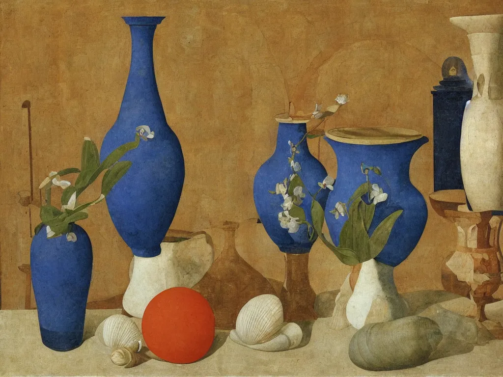 Image similar to still life with amphora, vase, seashell, orchid. lapis lazuli, malachite, cinnabar, gold. painting by piero della francesca, balthus, agnes pelton