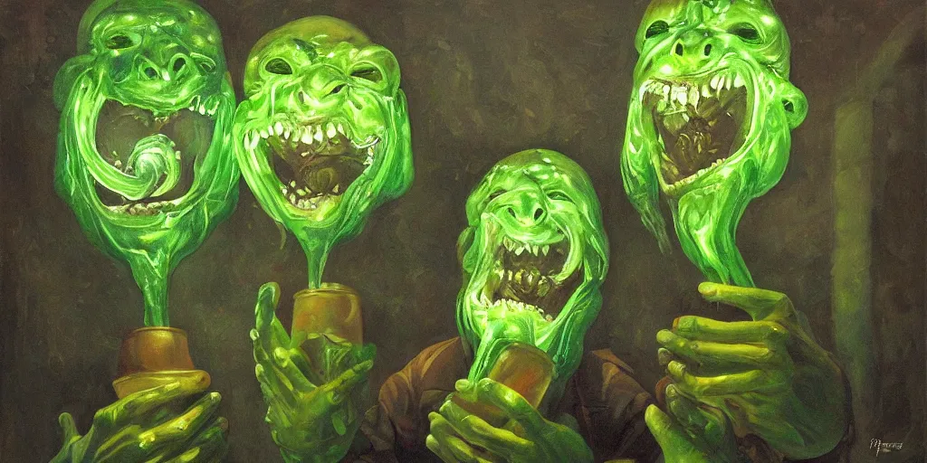 Prompt: clear oil painting of two greek medusas gorgons laughing holding goblets with a glowing green liquid. by frank frazzeta. trending on artstation.