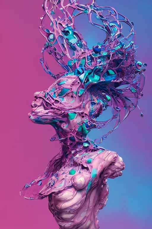 Image similar to epic 3 d abstract sculpture, perlin mesh liquid headdress, 2 0 mm, with pastel pink and cerulean hextech bursting, melting smoothly into other faces, liquid, delicate, beautiful, intricate, houdini sidefx, trending on artstation, by jeremy mann and ilya kuvshinov, jamie hewlett and ayami kojima