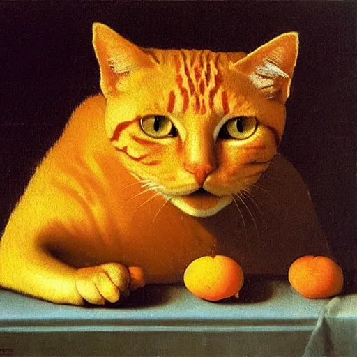 Image similar to an orange cat by jan vermeer, oil painting ， a pearl necklace, byhighly detailed ， headshot, 8 k