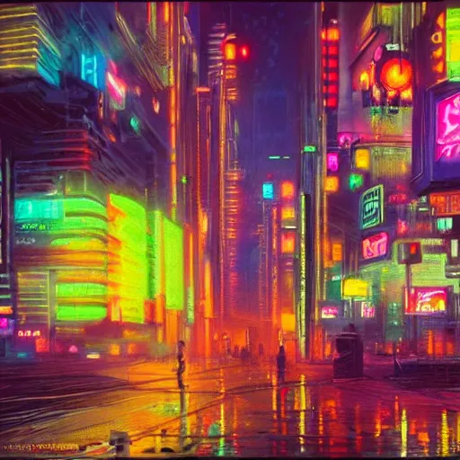 Prompt: an impressionist oil painting of a cyberpunk dystopian city with a lot of neon signs