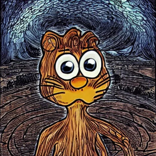 Prompt: Garfield as an eldritch abomination, illustrated by Junji Ito, manga panel