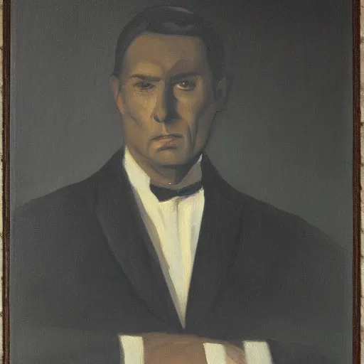 Prompt: A painting of a man in a dark suit, with a stern expression and a dark background, monochromatic.