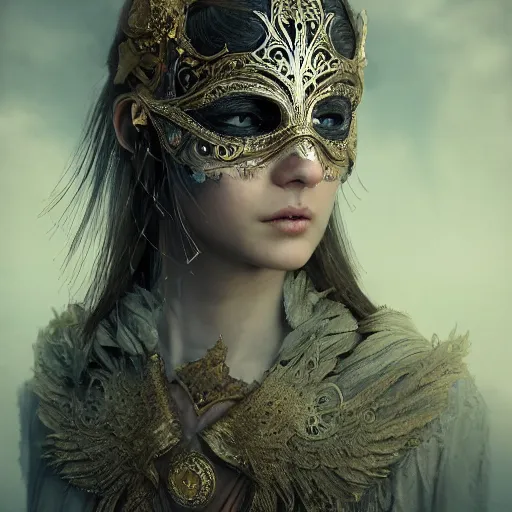 Image similar to Very very very very highly detailed epic photo of angelic face with venetian mask, intricate, dystopian, sci-fi, extremely detailed, digital painting, artstation, concept art, smooth, sharp focus, illustration, intimidating lighting, incredible art by Anton Pieck, Octane render in Maya and Houdini VFX