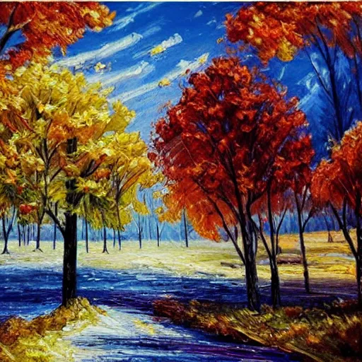 Prompt: painting depicting all four season in one single painting, tree in the summer, tree in the winter, tree in spring, tree in autumn, concept art, artstation, detailed, impressionism, oil on canvas, knife painting, messy,