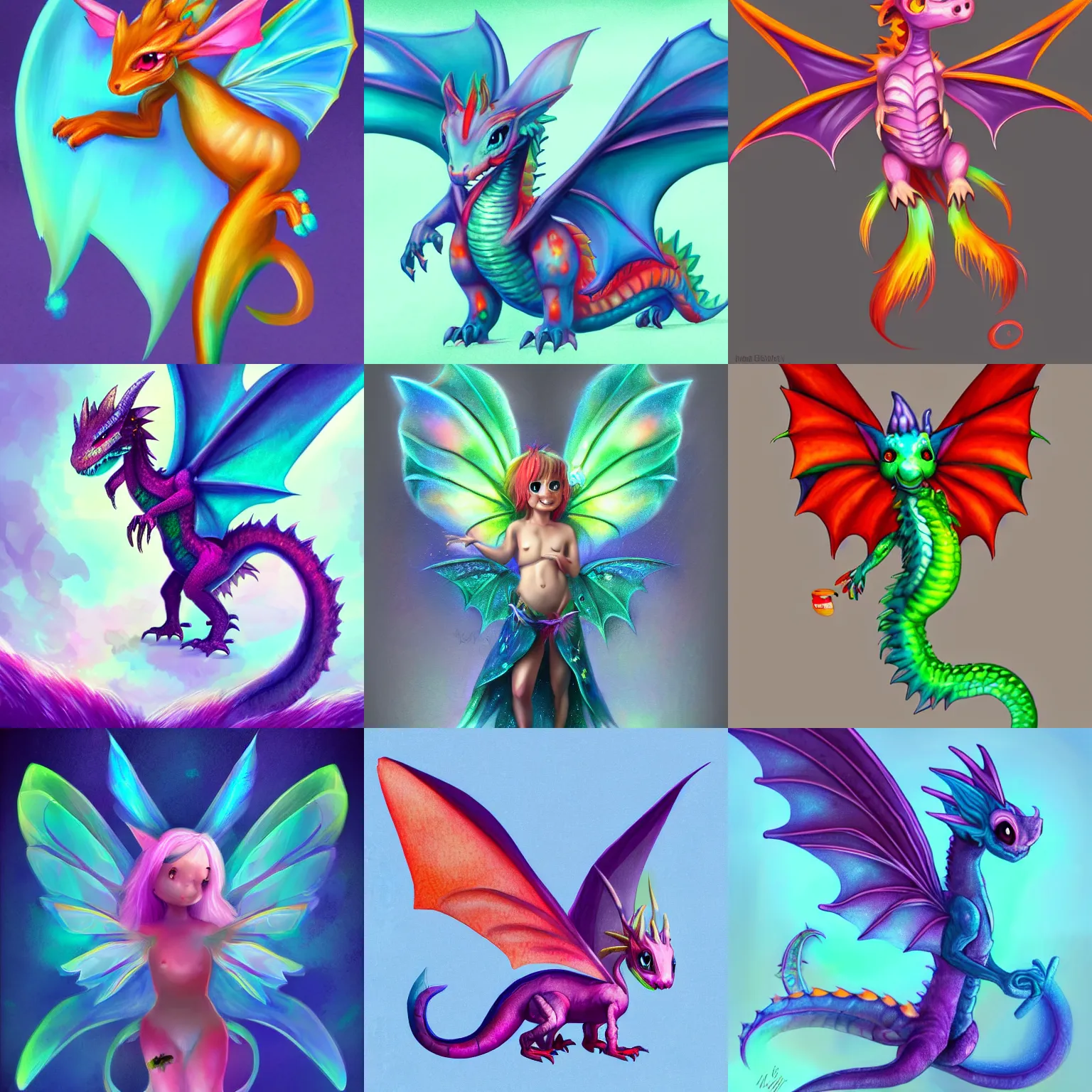 Image similar to full body digital illustration of a cute colorful baby dragon with faerie wings, concept art, matte background, deviantArt, artstation