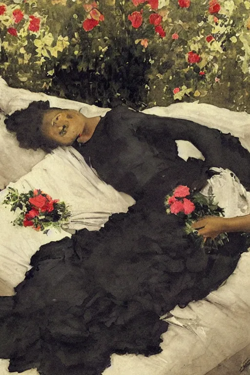 Prompt: black european woman in a gown laying on couch, bloom flowers, modern, eclectic, illustration, by ramon casas