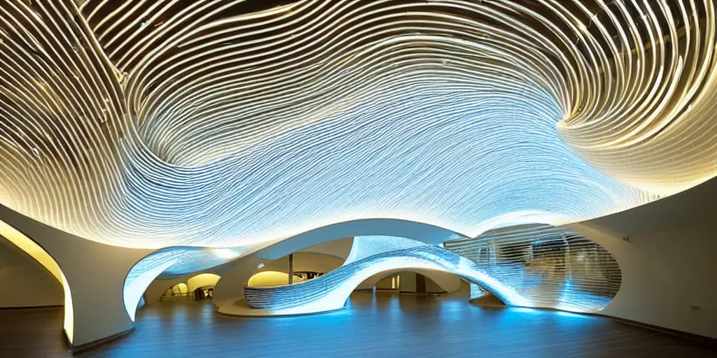 Image similar to extremely detailed stunning curvilinear museum interior with water centered sculpture piece and led strips