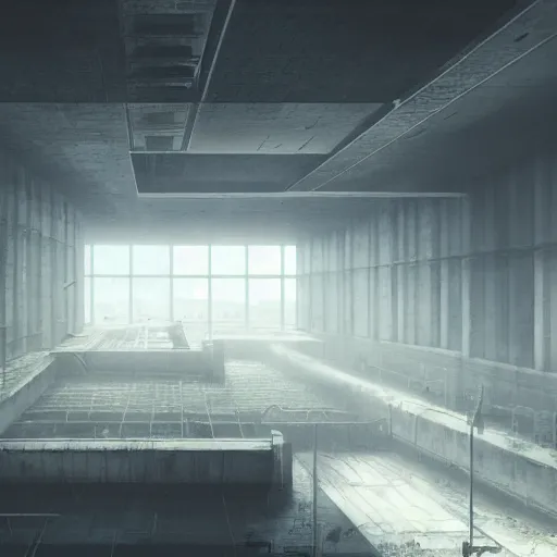 Image similar to brutalist interior with high celing and big windows, dark moody lighting, neo militarism, eco brutalism, highly detailed, excellent composition, cinematic concept art, dramatic lighting, trending on artstation