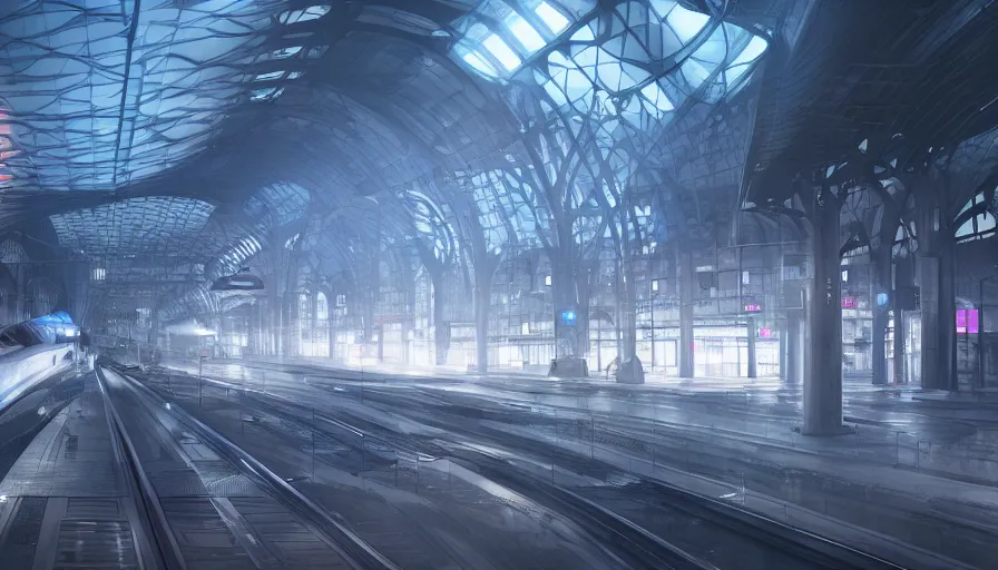 Image similar to futuristic liege, belgium with white dome train station with blue lights, volumetric light, hyperdetailed, artstation, cgsociety, 8 k