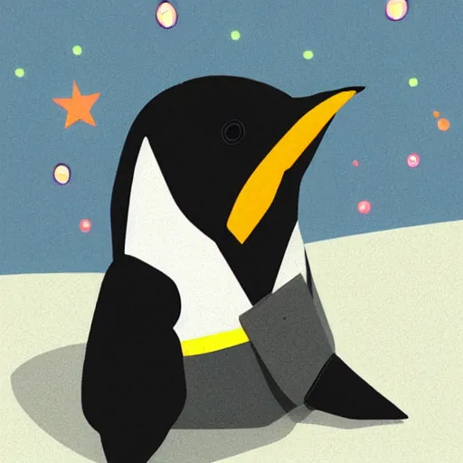 Prompt: digital art of a cute and small penguin sitting outside on a chair at night wearing sunglasses!!! detailed, bright stars, trending on artstation, digital art, vector art, by emiliano ponzi, trending on polycount, private press, low poly, 3 d, sketchfab