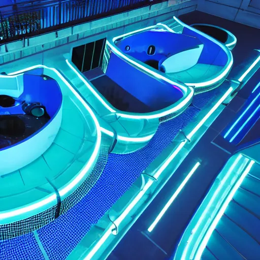 Prompt: a futuristic blue neon hub with a pool