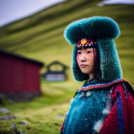 Prompt: ethnographic portraiture photograph of an extremely beautiful!!!! young woman with symmetric face. wearing traditional greenlandic national costume. in iceland. in front of her house. petzval lens. shallow depth of field. on flickr, award winning. national geographic