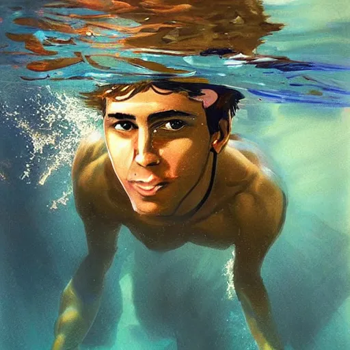 Prompt: painting of an underwater selfie from a brown haired male lifeguard. Kuvshinov ilya. Richard Brooks.