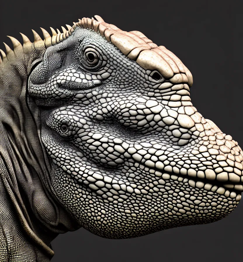 Prompt: iguana head the head has a symmetrical horn and tumor, and there is a rhino horn at the front of the beak, rich detail realistic photoreal photorealistic octane render 8 k