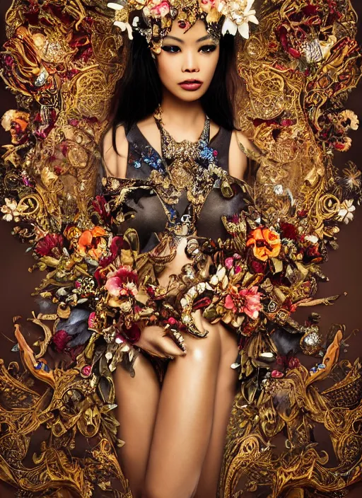 Image similar to expressive full body photo of a filipino female model, ornate headpiece made from flowers, ornaments, glamour shot, by karol bak, by stefan gesell, photorealistic, canon r 3, fashion photography, hyper maximalist, elegant, ornate, luxury, elite, environmental portrait, symmetrical features, octane render, unreal engine, solid dark grey background, dramatic lights