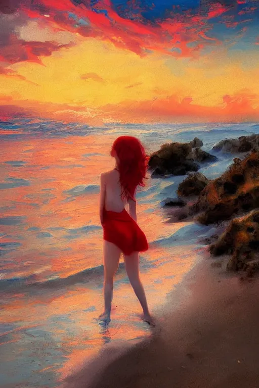 Prompt: a red haired young girl beach surreal, sunrise, dramatic light, impressionist painting, colorful clouds, digital painting, artstation, vittorio matteo corcos