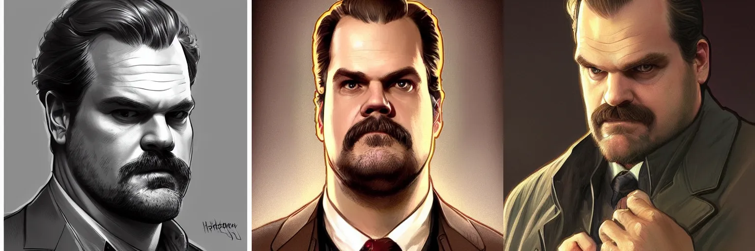 Prompt: portrait of David Harbour as a detective, highly detailed, digital painting, artstation, concept art, sharp focus, illustration, art by artgerm and greg rutkowski and alphonse mucha
