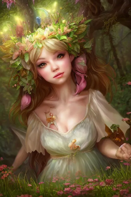 Image similar to a cute fairy in the dreamy forest, fantasy, 8 k resolution, hyper detailed, d & d, character design, digital painting, trending on artstation, sharp focus, illustration, art by artgerm, steve zheng, fuji choko, viktoria gavrilenko, hoang lap