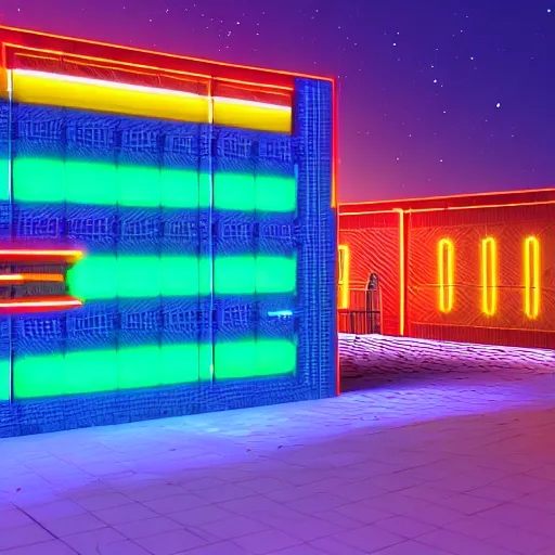 Image similar to cybernetic neon lit ndebele homestead seen from the front, highly detailed, octane rendered